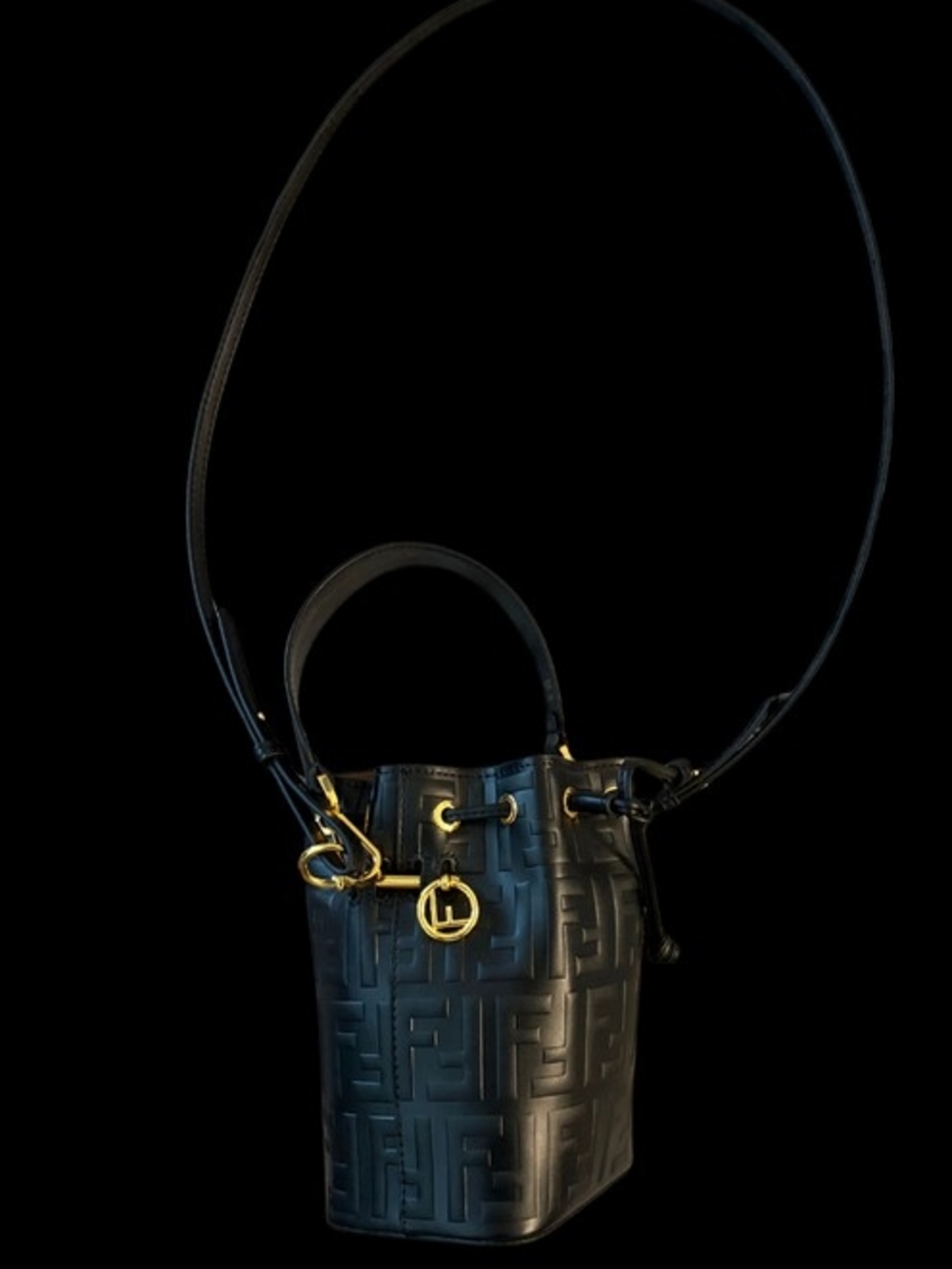 Black Leather Mini Drawstring Bucket Bag with Gold Hardware